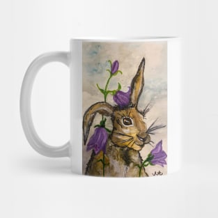 Mr. Rabbit with bluebells above cloudy sky - hand drawn watercolor artwork Mug
